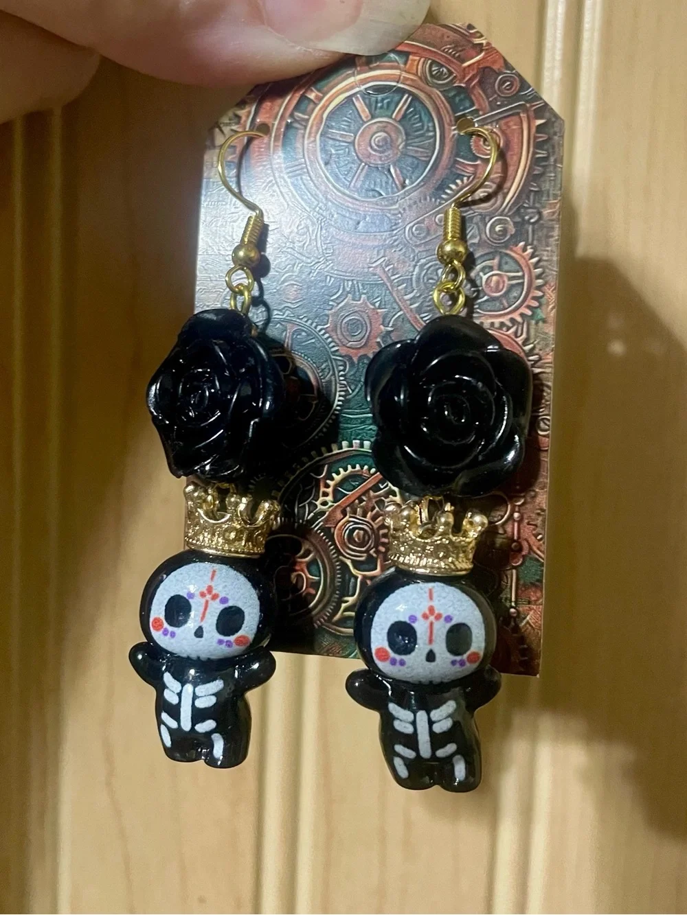 Hand Crafted Black Rose Skeleton Earrings